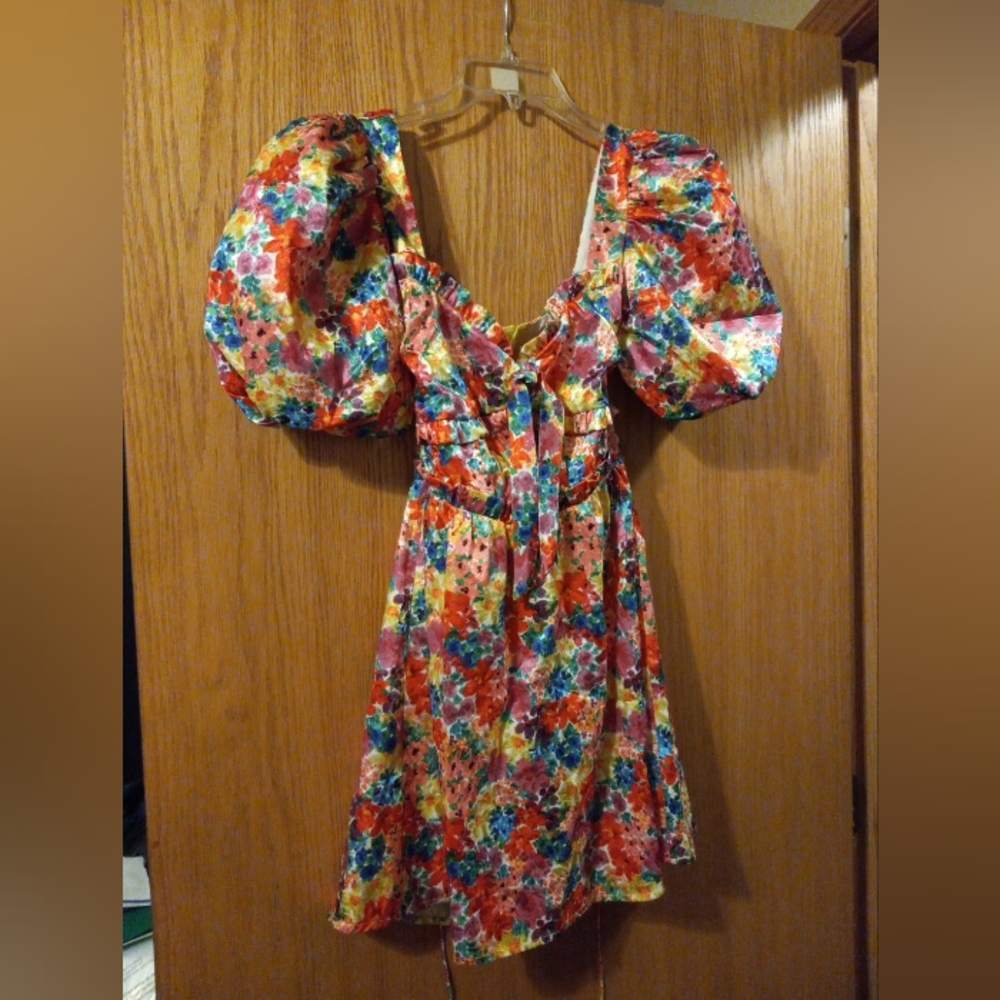 For Love & Lemons Floral Mini Dress XS  Partial Open Back Puffed Short Sleeves